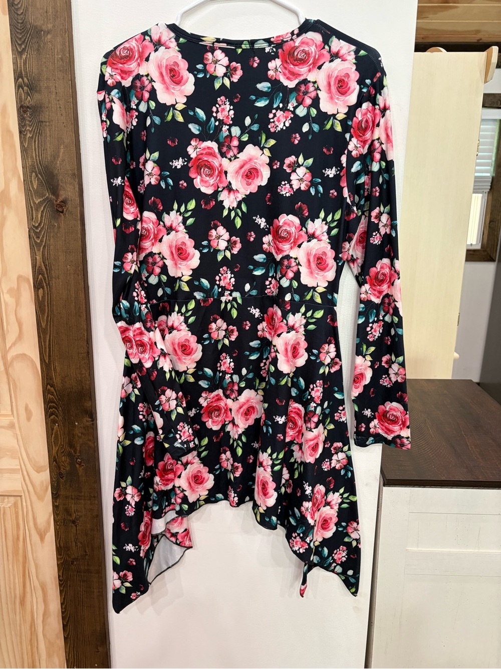 Floral Long-Sleeve Handkerchief Hem Tunic - Black with Pink Roses
